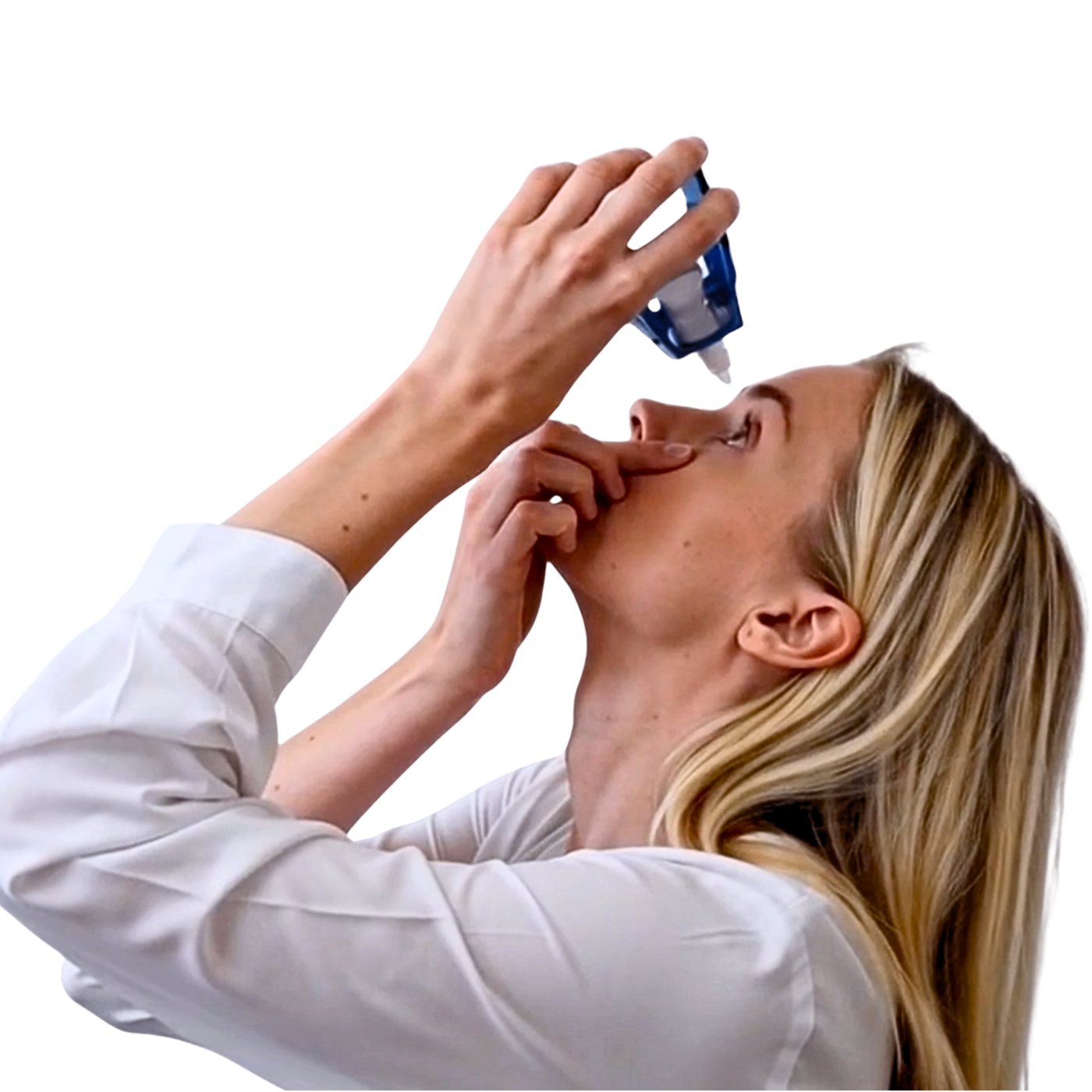 FortiWare Squeezy in gebruik bij het indrukken van een oogdruppelflesje